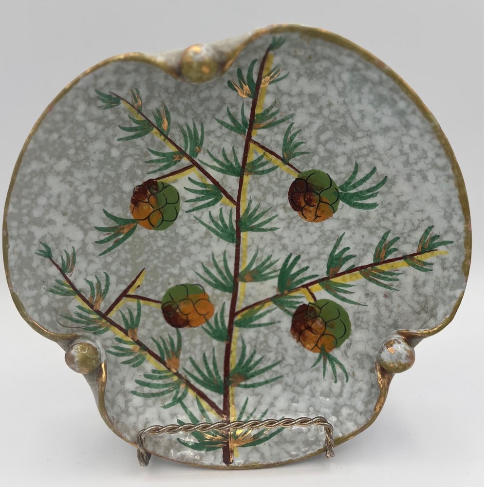 Vtg Mid Century Italy Pottery Plate Green Gold Paint Pine‎ tree/ Cones  signed